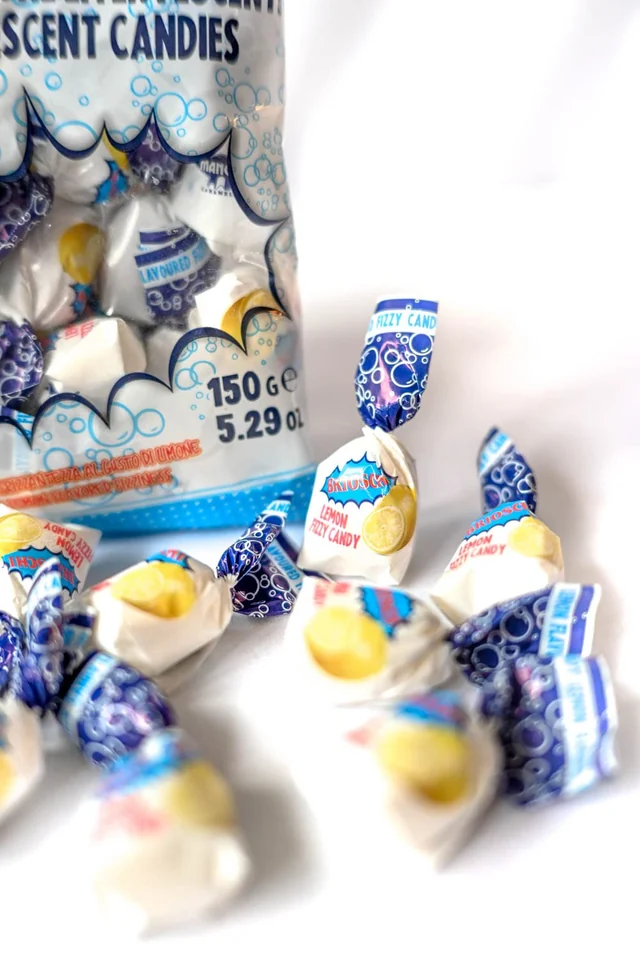 Brioschi lemon candies and their bag, photographed up close